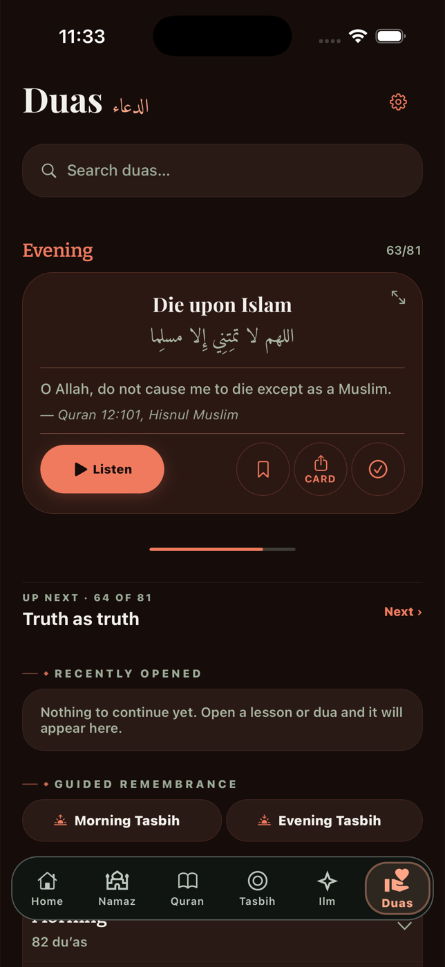 Du'a listening, saved items and reading progress